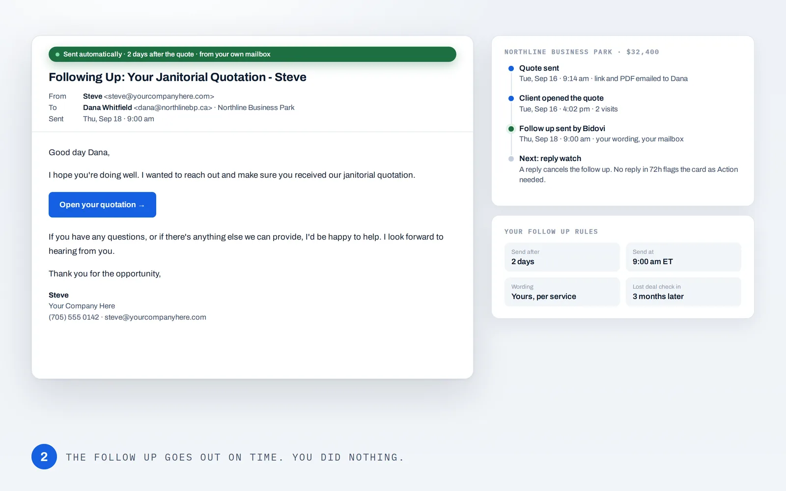 Follow up email sent automatically by Bidovi two days after the quote, from your own mailbox
